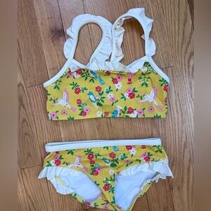 Mini Boden Yellow Floral Birds Ruffle Two-Piece Swimsuit